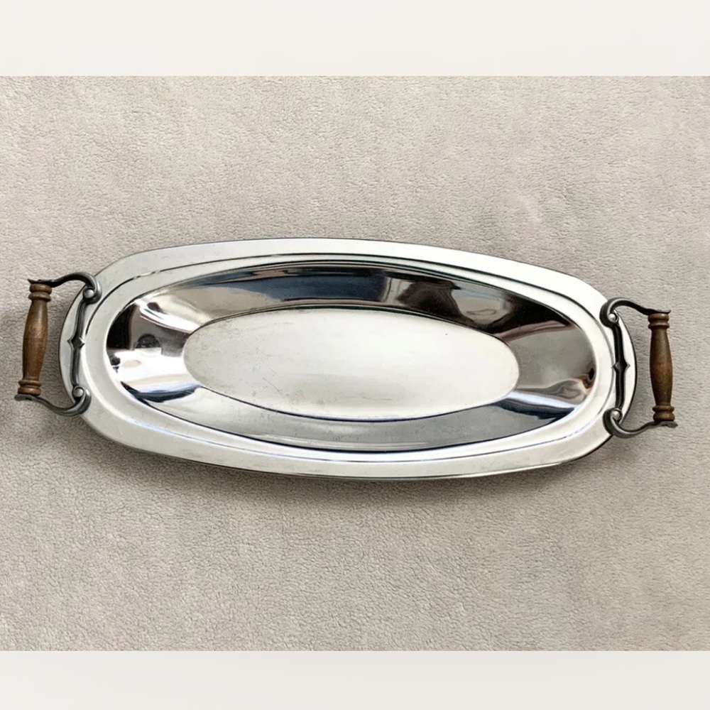 Vintage Kromex Oblong Serving Tray Platter MCM Chrome & Wood Handles USA